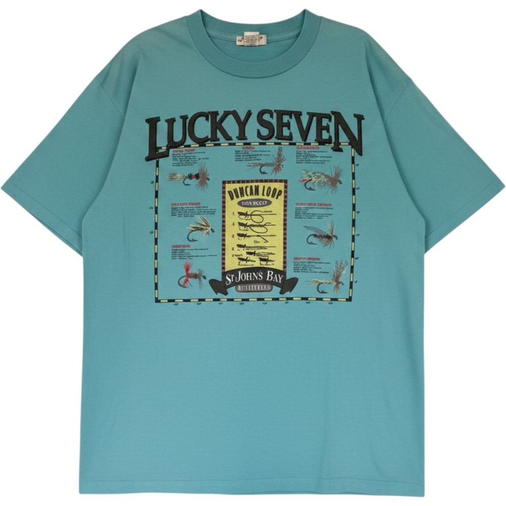 St. Johns Bay T-Shirt Mens Large Teal Blue Lucky Seven Fly Fishing Graphic Tee